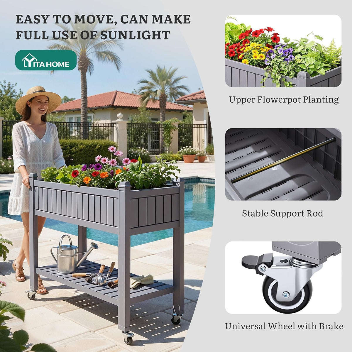 43.3x17.7x61 in Planter Trellis Box with Wheels & Drain Plug, Outdoor Resin Raised Garden Bed for Climbing Plants, Large Weather-Resistant Design, Black