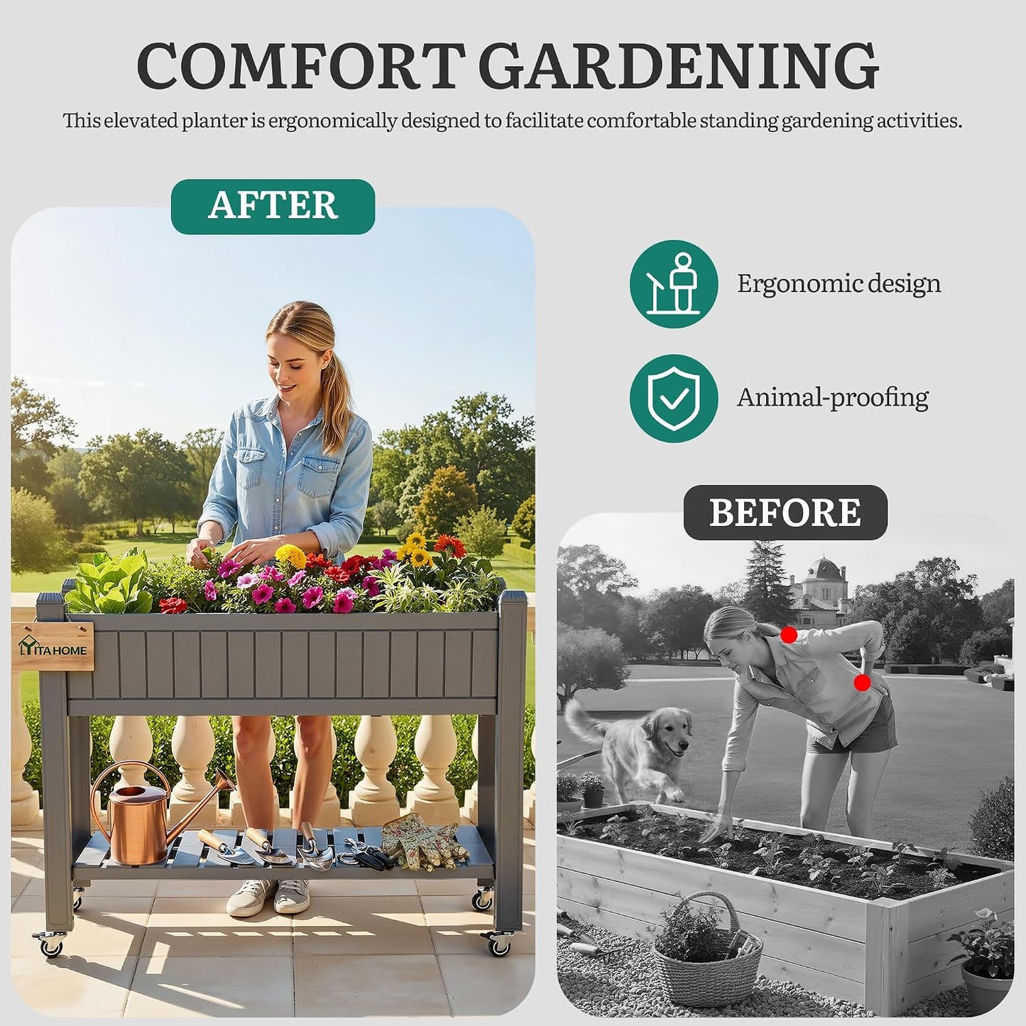 43.3x17.7x61 in Planter Trellis Box with Wheels & Drain Plug, Outdoor Resin Raised Garden Bed for Climbing Plants, Large Weather-Resistant Design, Black