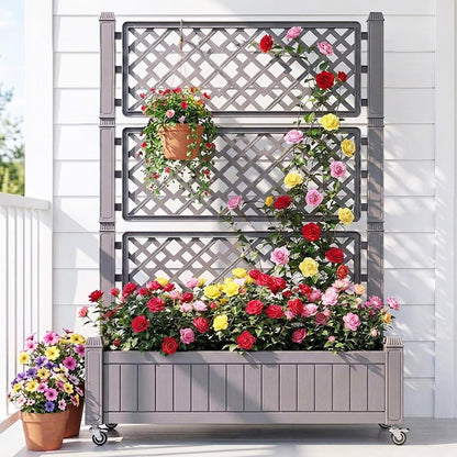 43.3x17.7x61 in Planter Trellis Box with Wheels & Drain Plug, Outdoor Resin Raised Garden Bed for Climbing Plants, Large Weather-Resistant Design, Black