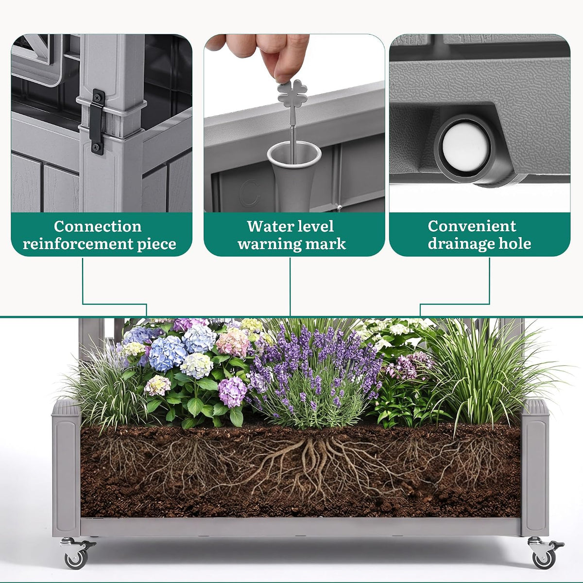 43.3x17.7x61 in Planter Trellis Box with Wheels & Drain Plug, Outdoor Resin Raised Garden Bed for Climbing Plants, Large Weather-Resistant Design, Black
