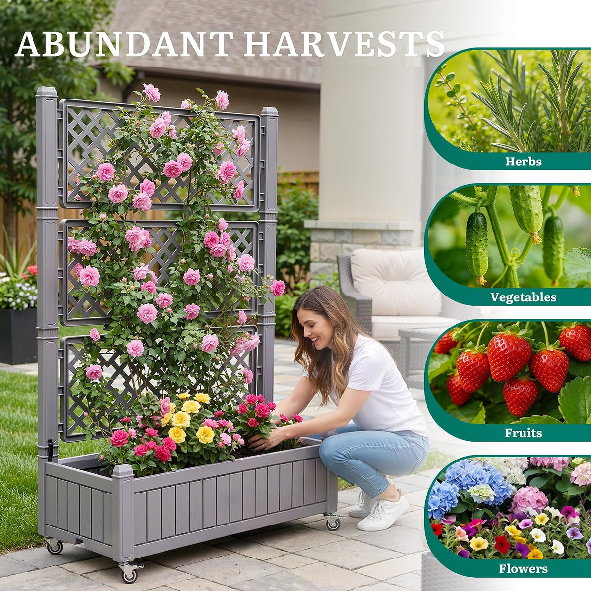43.3x17.7x61 in Planter Trellis Box with Wheels & Drain Plug, Outdoor Resin Raised Garden Bed for Climbing Plants, Large Weather-Resistant Design, Black