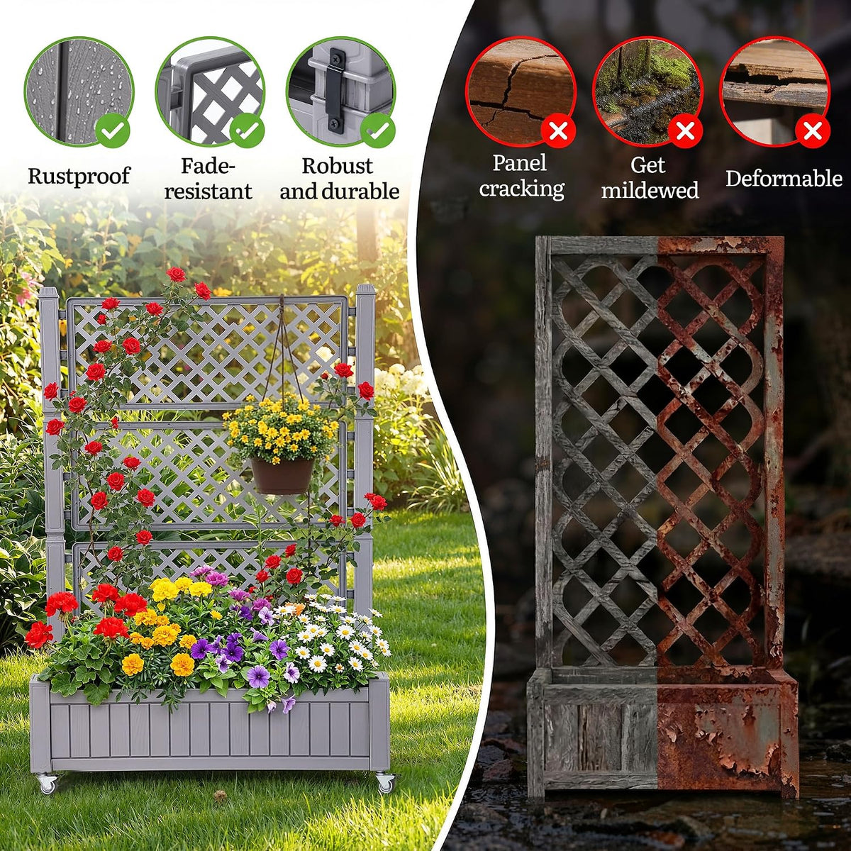 43.3x17.7x61 in Planter Trellis Box with Wheels & Drain Plug, Outdoor Resin Raised Garden Bed for Climbing Plants, Large Weather-Resistant Design, Black
