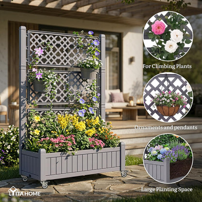 43.3x17.7x61 in Planter Trellis Box with Wheels & Drain Plug, Outdoor Resin Raised Garden Bed for Climbing Plants, Large Weather-Resistant Design, Black