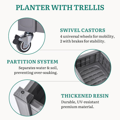 43.3x17.7x61 in Planter Trellis Box with Wheels & Drain Plug, Outdoor Resin Raised Garden Bed for Climbing Plants, Large Weather-Resistant Design, Black