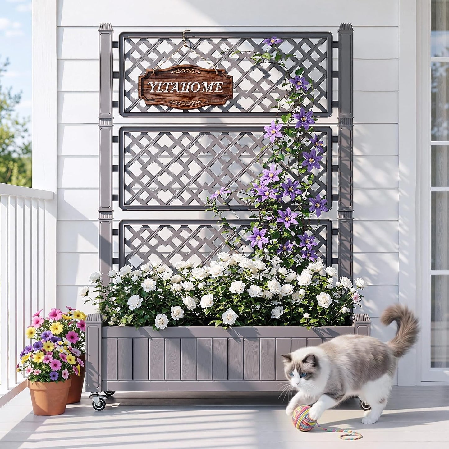 43.3x17.7x61 in Planter Trellis Box with Wheels & Drain Plug, Outdoor Resin Raised Garden Bed for Climbing Plants, Large Weather-Resistant Design, Black