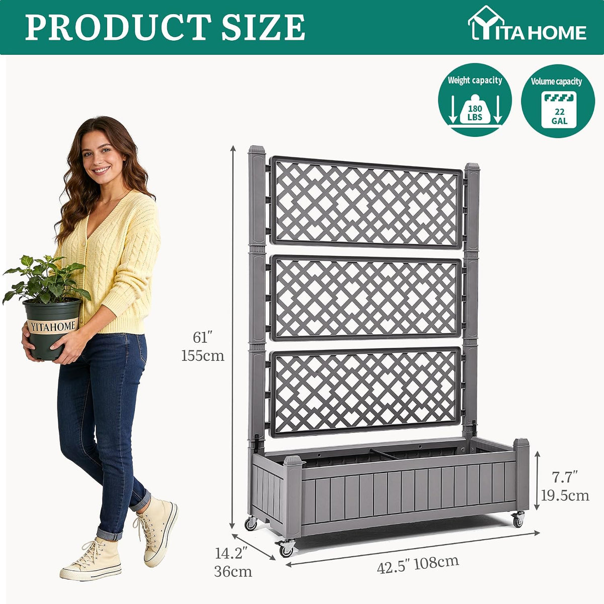 43.3x17.7x61 in Planter Trellis Box with Wheels & Drain Plug, Outdoor Resin Raised Garden Bed for Climbing Plants, Large Weather-Resistant Design, Black