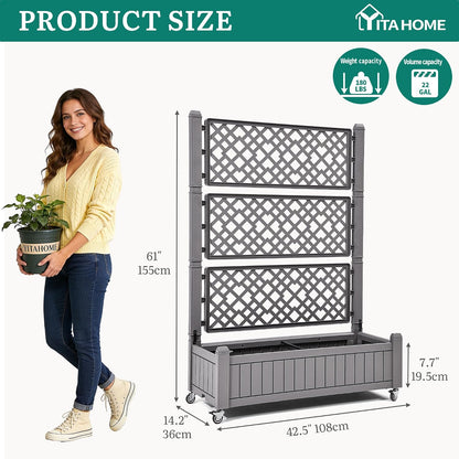 43.3x17.7x61 in Planter Trellis Box with Wheels & Drain Plug, Outdoor Resin Raised Garden Bed for Climbing Plants, Large Weather-Resistant Design, Black