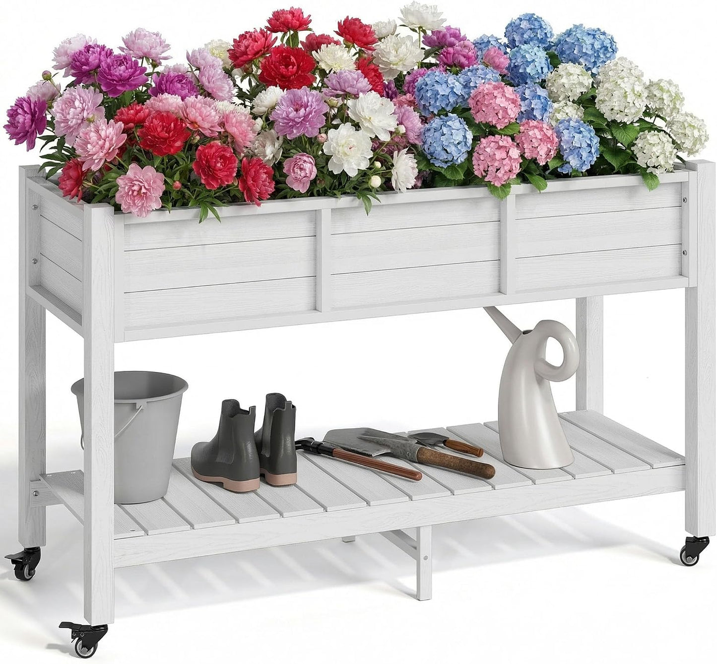 43.3x17.7x61 in Planter Trellis Box with Wheels & Drain Plug, Outdoor Resin Raised Garden Bed for Climbing Plants, Large Weather-Resistant Design, Black