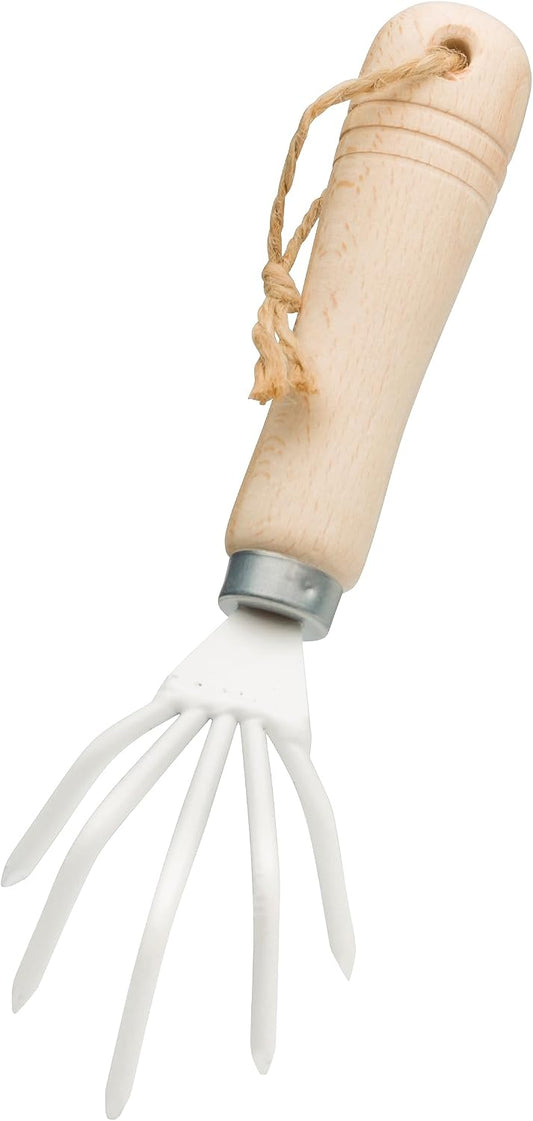 Hand Cultivator Gardening Tool, Durable Powder-Coated Metal and Natural Untreated Beechwood Handle, Hanging Loop