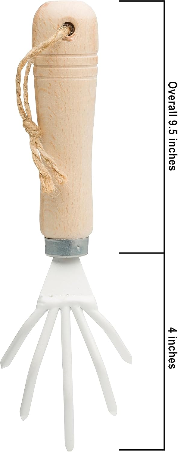 Hand Cultivator Gardening Tool, Durable Powder-Coated Metal and Natural Untreated Beechwood Handle, Hanging Loop