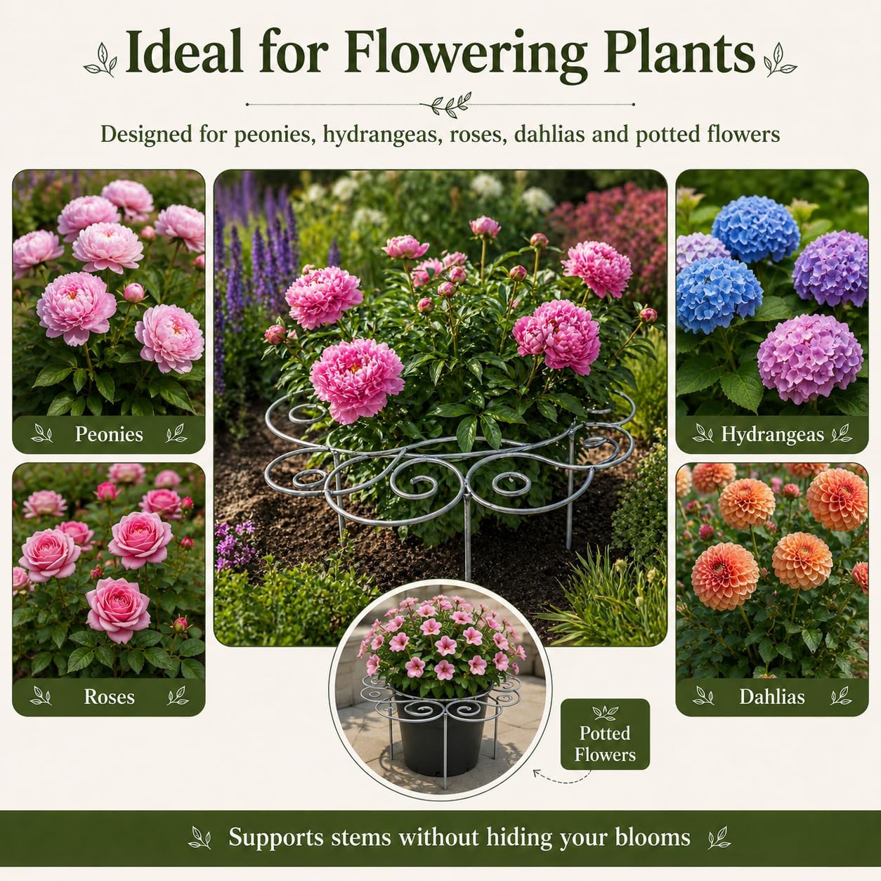 Plant Support Ring for Outdoor Plants, 15.94 x 15.94 in Metal Garden Stake, Decorative Peony Support Cage for Potted Flowers, Hydrangeas, Roses, 1 Pack