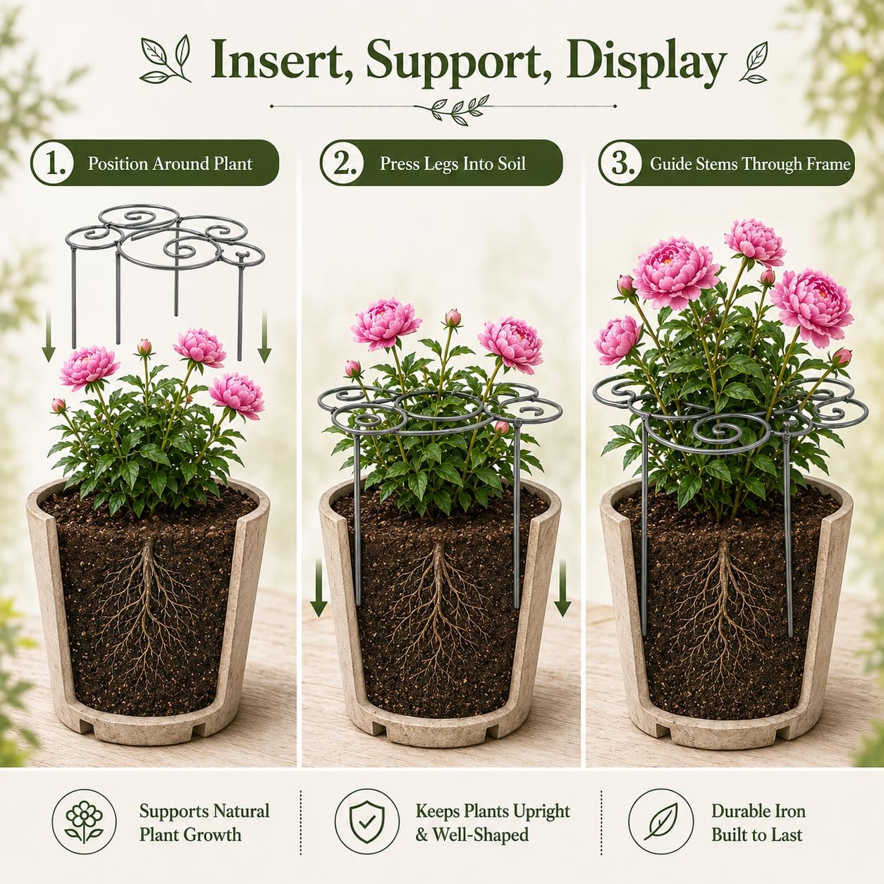 Plant Support Ring for Outdoor Plants, 15.94 x 15.94 in Metal Garden Stake, Decorative Peony Support Cage for Potted Flowers, Hydrangeas, Roses, 1 Pack