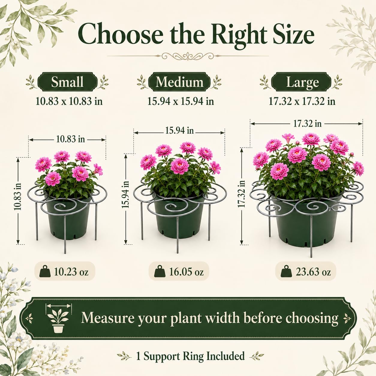 Plant Support Ring for Outdoor Plants, 15.94 x 15.94 in Metal Garden Stake, Decorative Peony Support Cage for Potted Flowers, Hydrangeas, Roses, 1 Pack