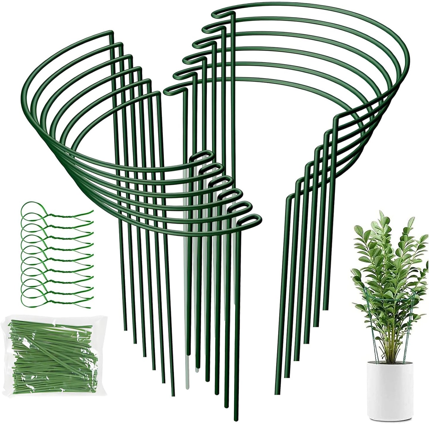 12 Pack Plant Support Stakes, 10" Wide x 16" High,Heavy-Duty Half Round Peony Support Ring and Cage for Indoor and Outdoor Plants, Peony, Tomato, Hydrangea, Rose(100 Plant Ties)