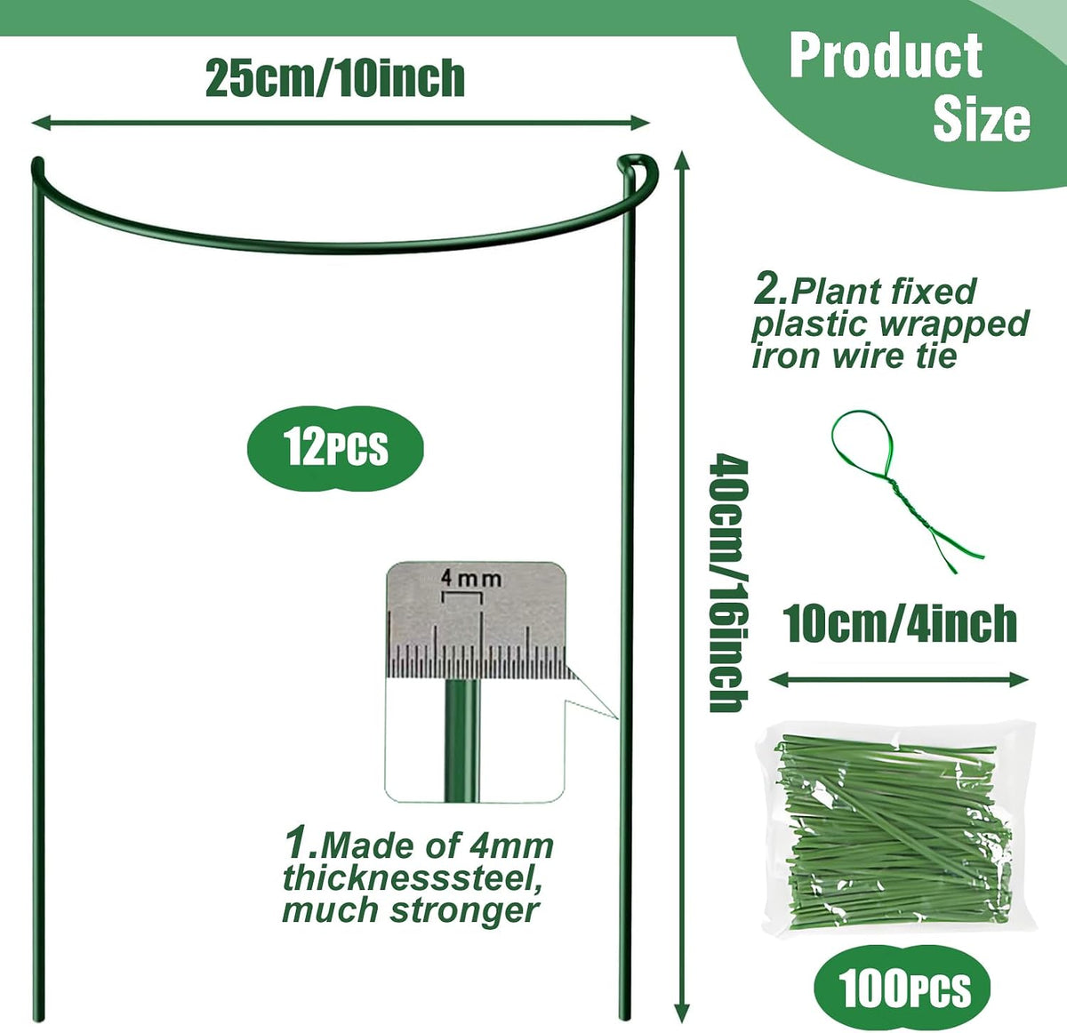 12 Pack Plant Support Stakes, 10" Wide x 16" High,Heavy-Duty Half Round Peony Support Ring and Cage for Indoor and Outdoor Plants, Peony, Tomato, Hydrangea, Rose(100 Plant Ties)