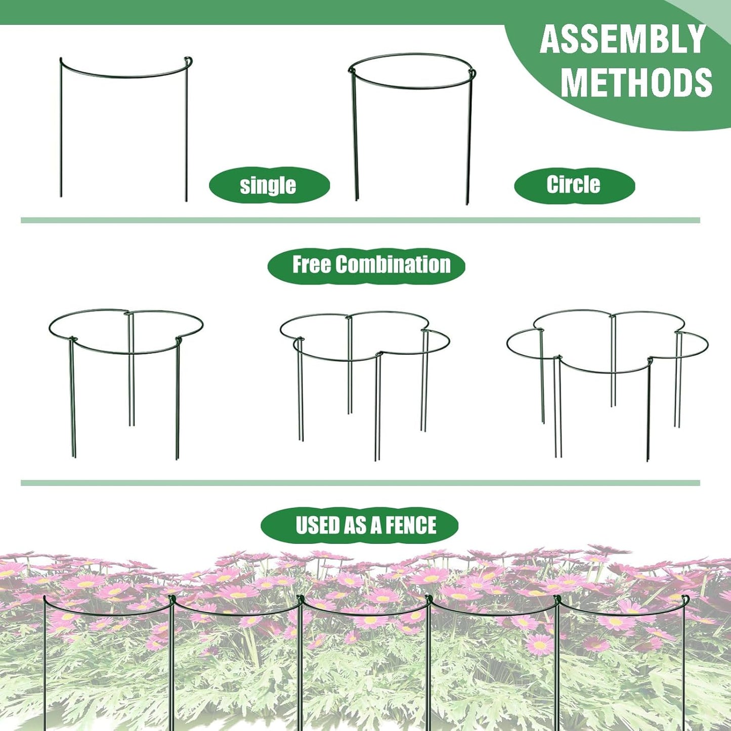 12 Pack Plant Support Stakes, 10" Wide x 16" High,Heavy-Duty Half Round Peony Support Ring and Cage for Indoor and Outdoor Plants, Peony, Tomato, Hydrangea, Rose(100 Plant Ties)