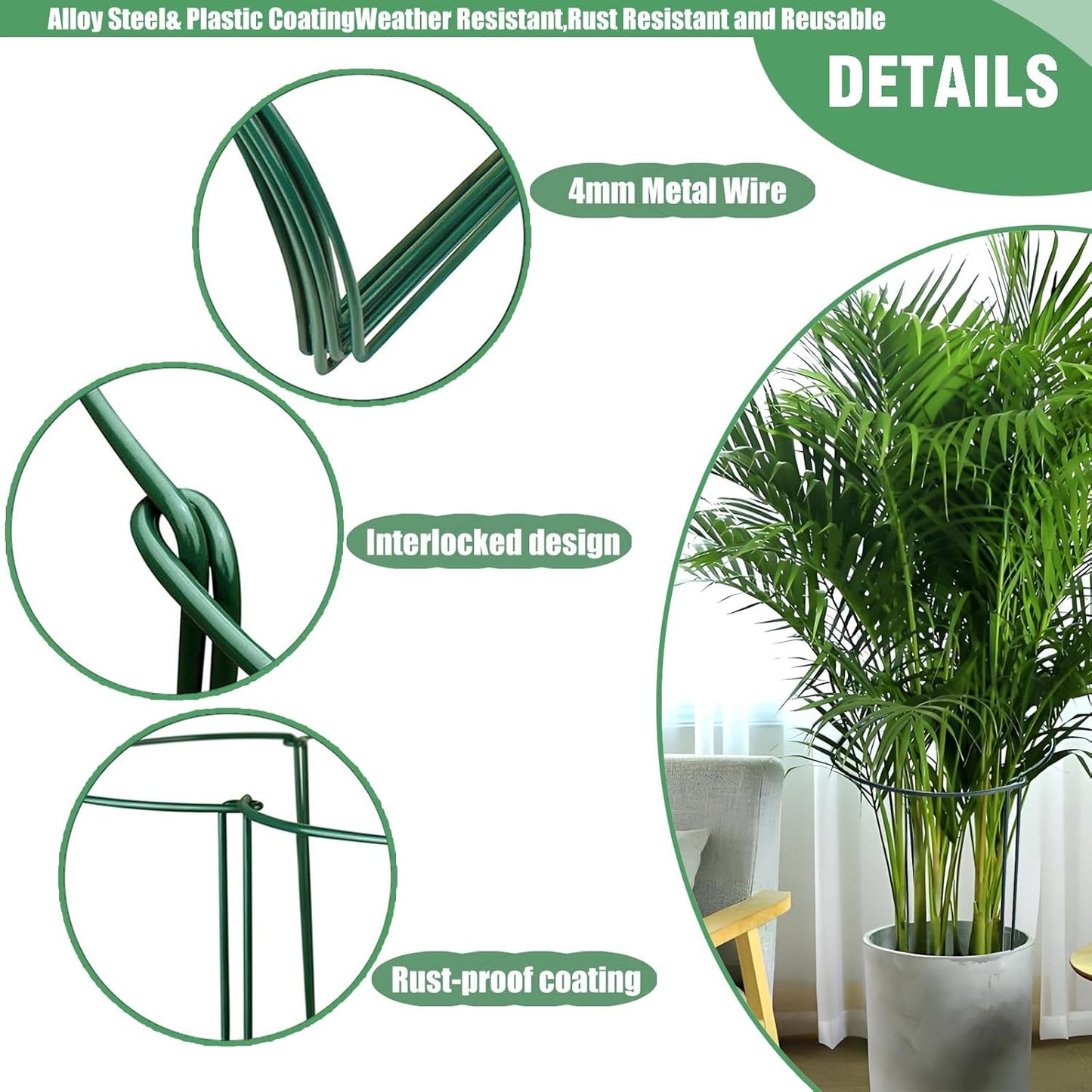 12 Pack Plant Support Stakes, 10" Wide x 16" High,Heavy-Duty Half Round Peony Support Ring and Cage for Indoor and Outdoor Plants, Peony, Tomato, Hydrangea, Rose(100 Plant Ties)