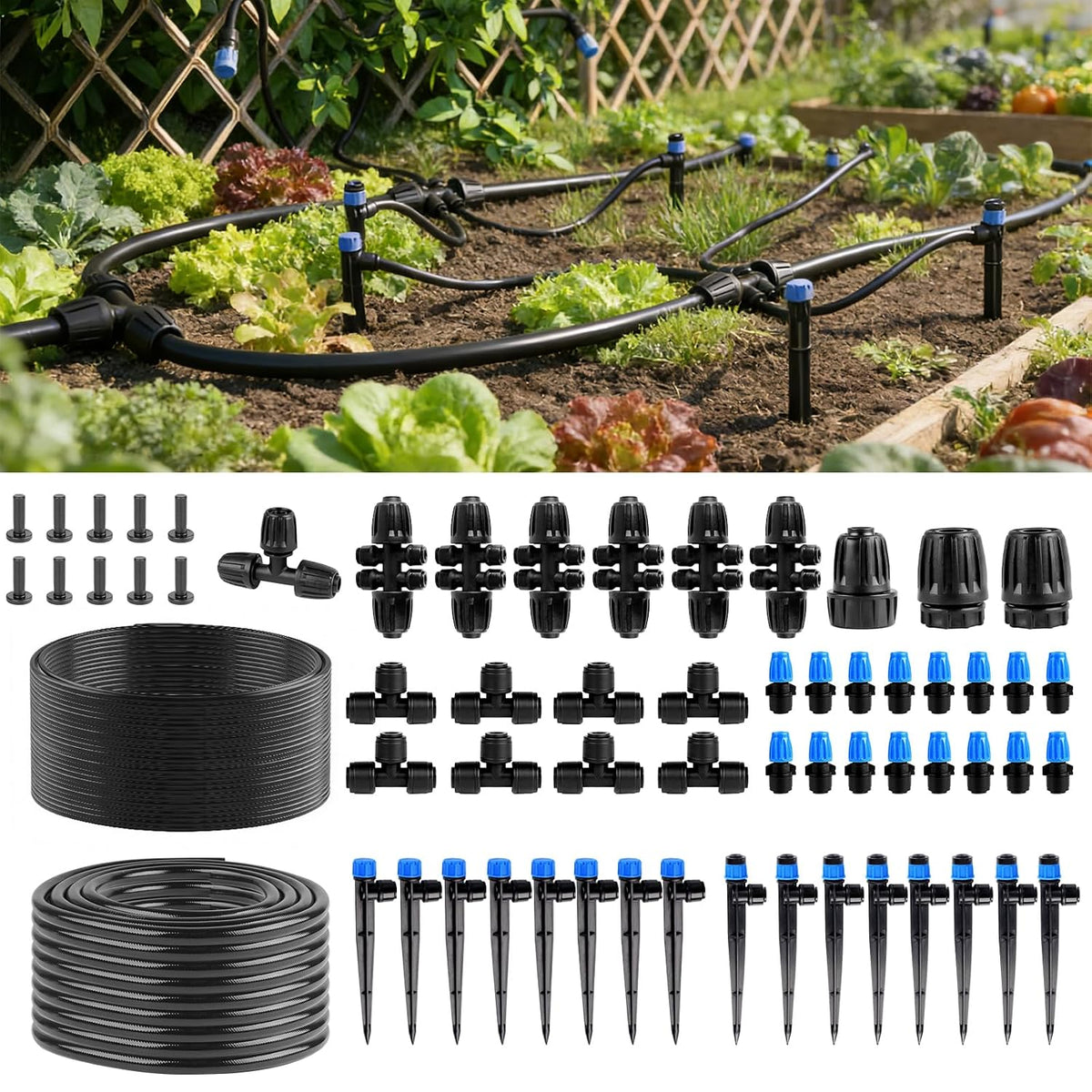 Garden Drip Irrigation System - 230FT Quick-Connect Automatic Watering Misting System Kit with 1/2" & 1/4" Tubing, Adjustable Spray Nozzles & Sprinklers for Lawn, Plant Bed, Greenhouse, DIY Irrigation