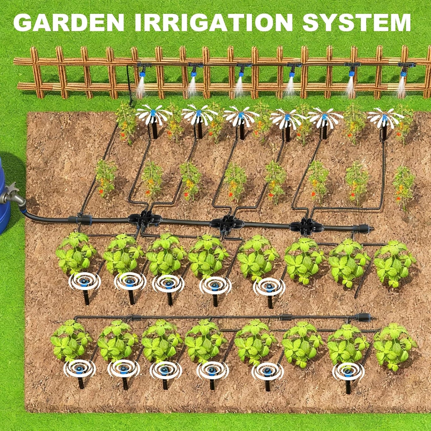 Garden Drip Irrigation System - 230FT Quick-Connect Automatic Watering Misting System Kit with 1/2" & 1/4" Tubing, Adjustable Spray Nozzles & Sprinklers for Lawn, Plant Bed, Greenhouse, DIY Irrigation