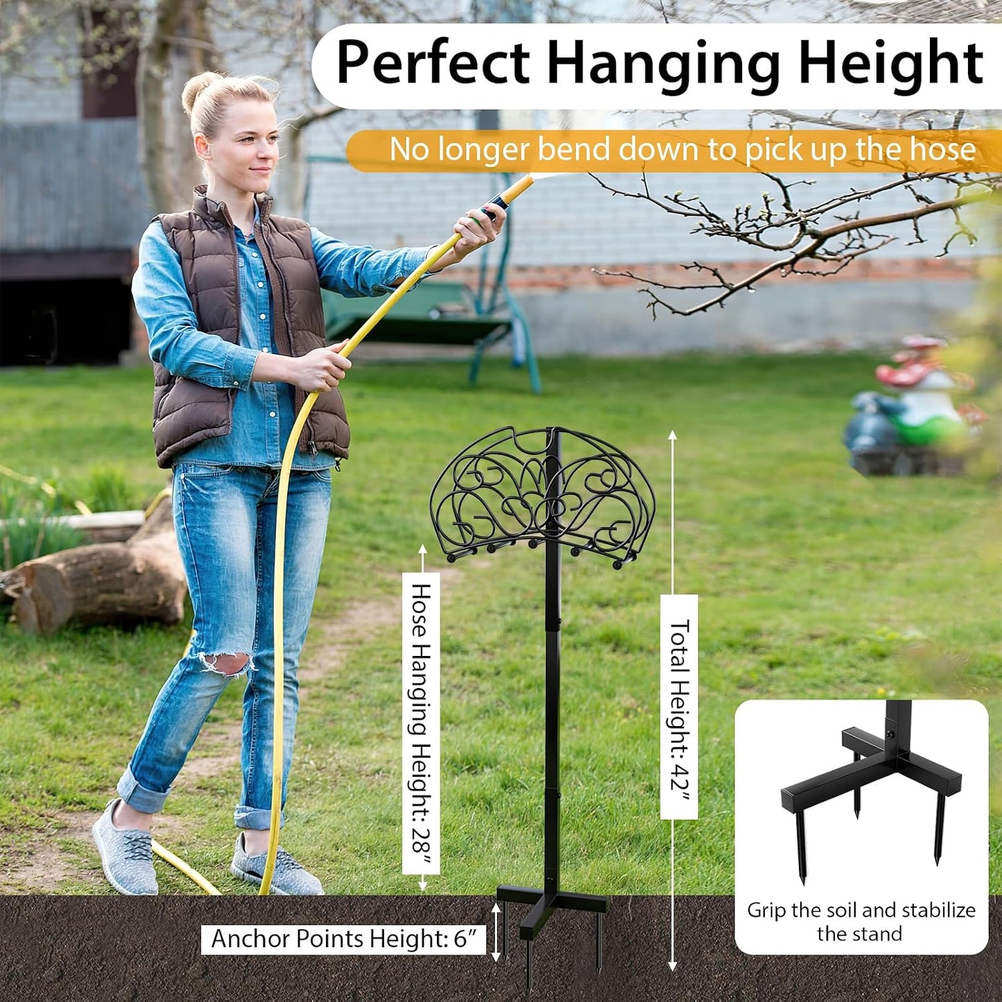Garden Hose Holder Stand, Not Water Hose Holder Freestanding with 3 Anchor Points, Fit to 150ft Water Pipes, Heavy Duty Metal Hose Hanger Freestanding for Outside Yard Lawn (Hose Not Included)