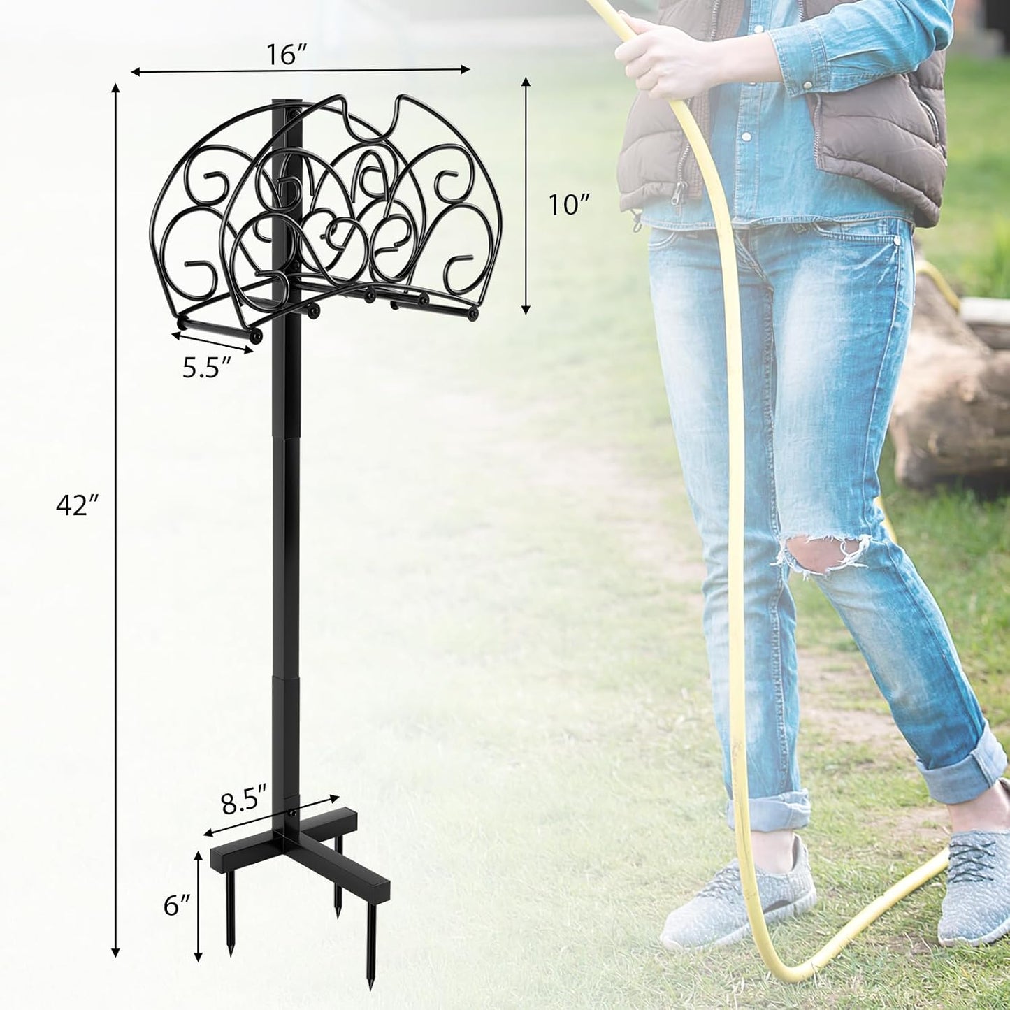 Garden Hose Holder Stand, Not Water Hose Holder Freestanding with 3 Anchor Points, Fit to 150ft Water Pipes, Heavy Duty Metal Hose Hanger Freestanding for Outside Yard Lawn (Hose Not Included)