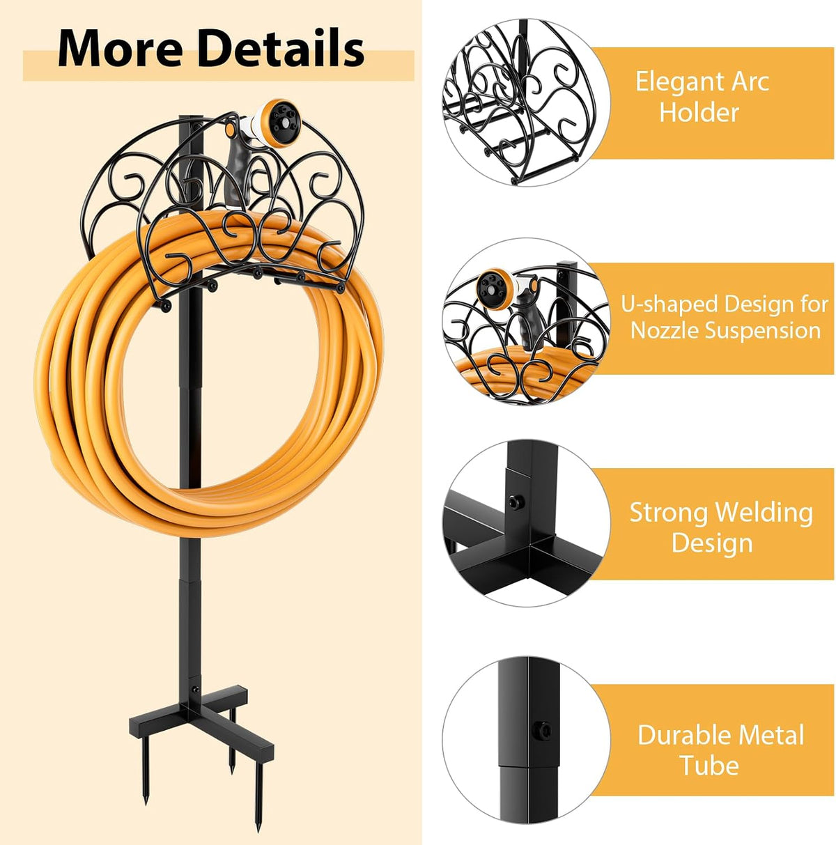 Garden Hose Holder Stand, Not Water Hose Holder Freestanding with 3 Anchor Points, Fit to 150ft Water Pipes, Heavy Duty Metal Hose Hanger Freestanding for Outside Yard Lawn (Hose Not Included)