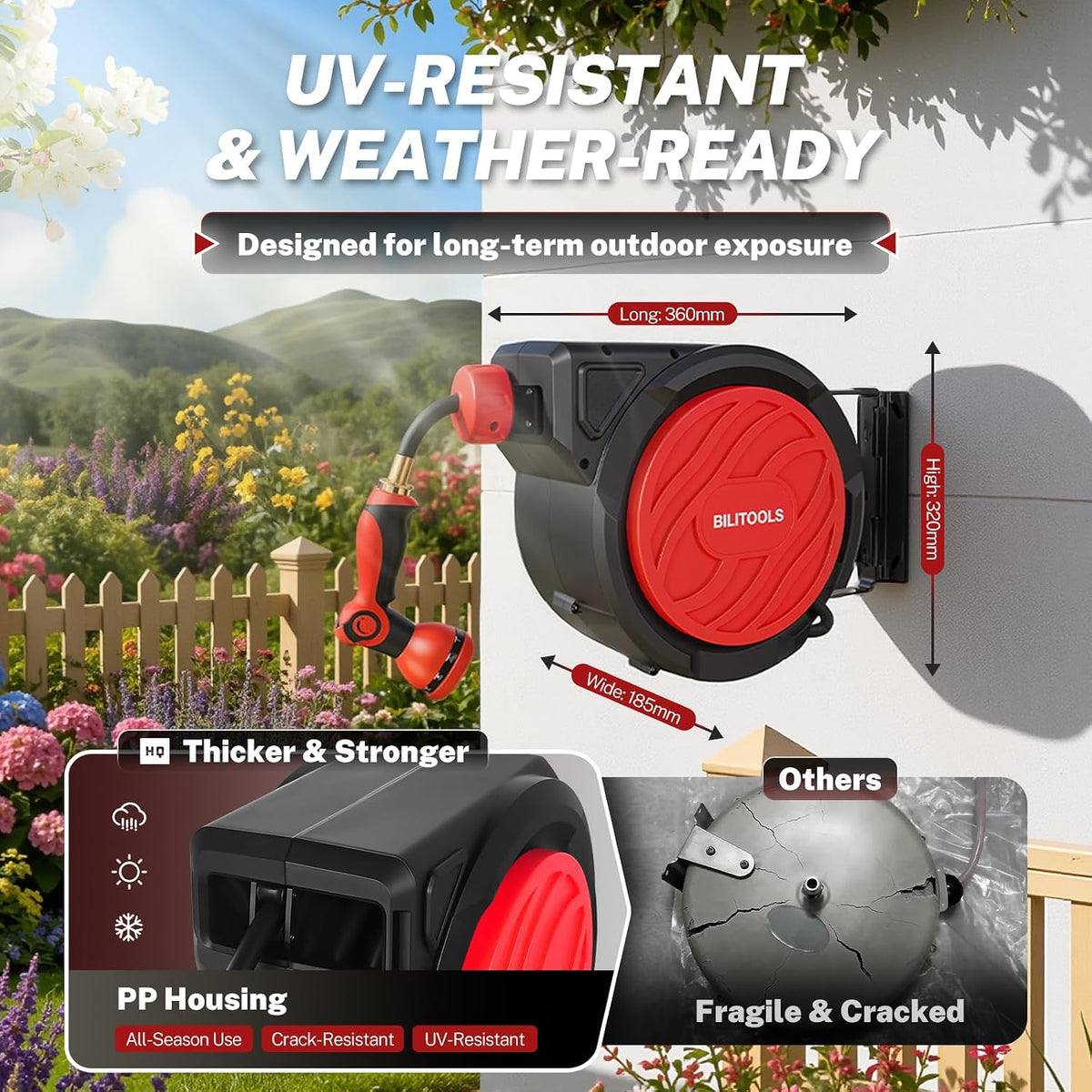 Retractable Garden Water Hose Reel, 1/2" x 50 ft Wall Mount