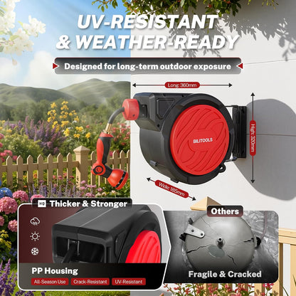 Retractable Garden Water Hose Reel, 1/2" x 50 ft Wall Mount