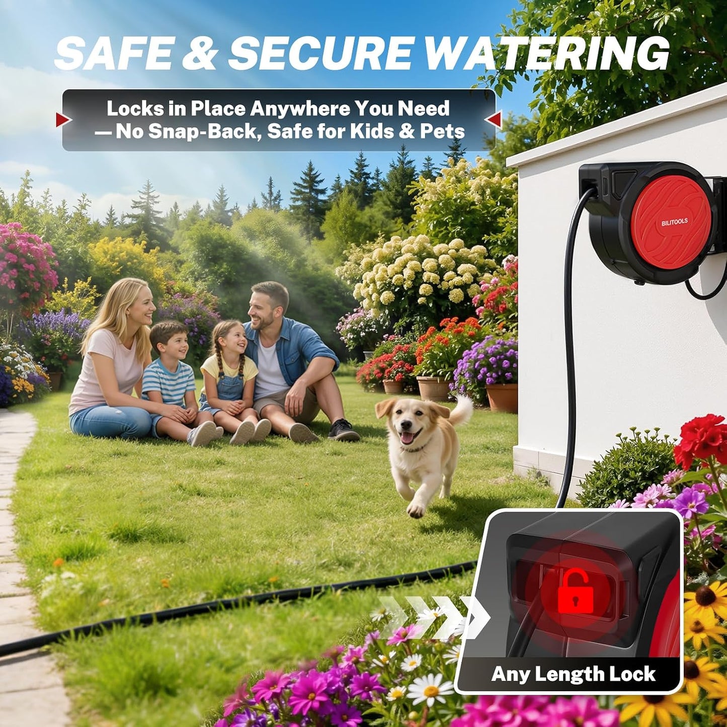 Retractable Garden Water Hose Reel, 1/2" x 50 ft Wall Mount