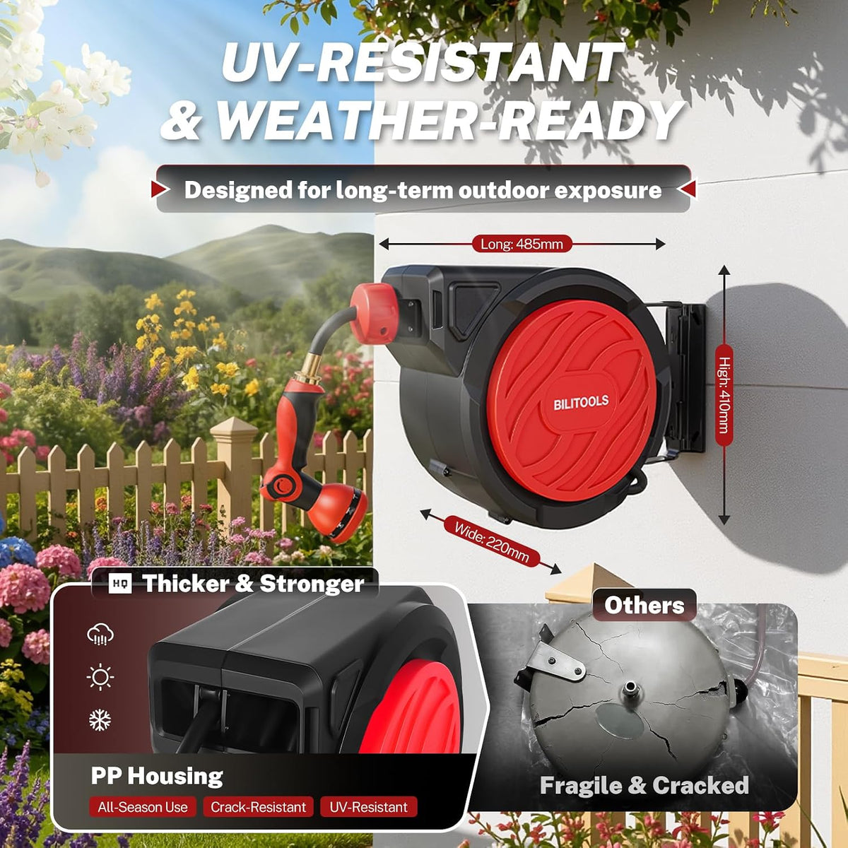 Retractable Garden Water Hose Reel, 1/2" x 50 ft Wall Mount