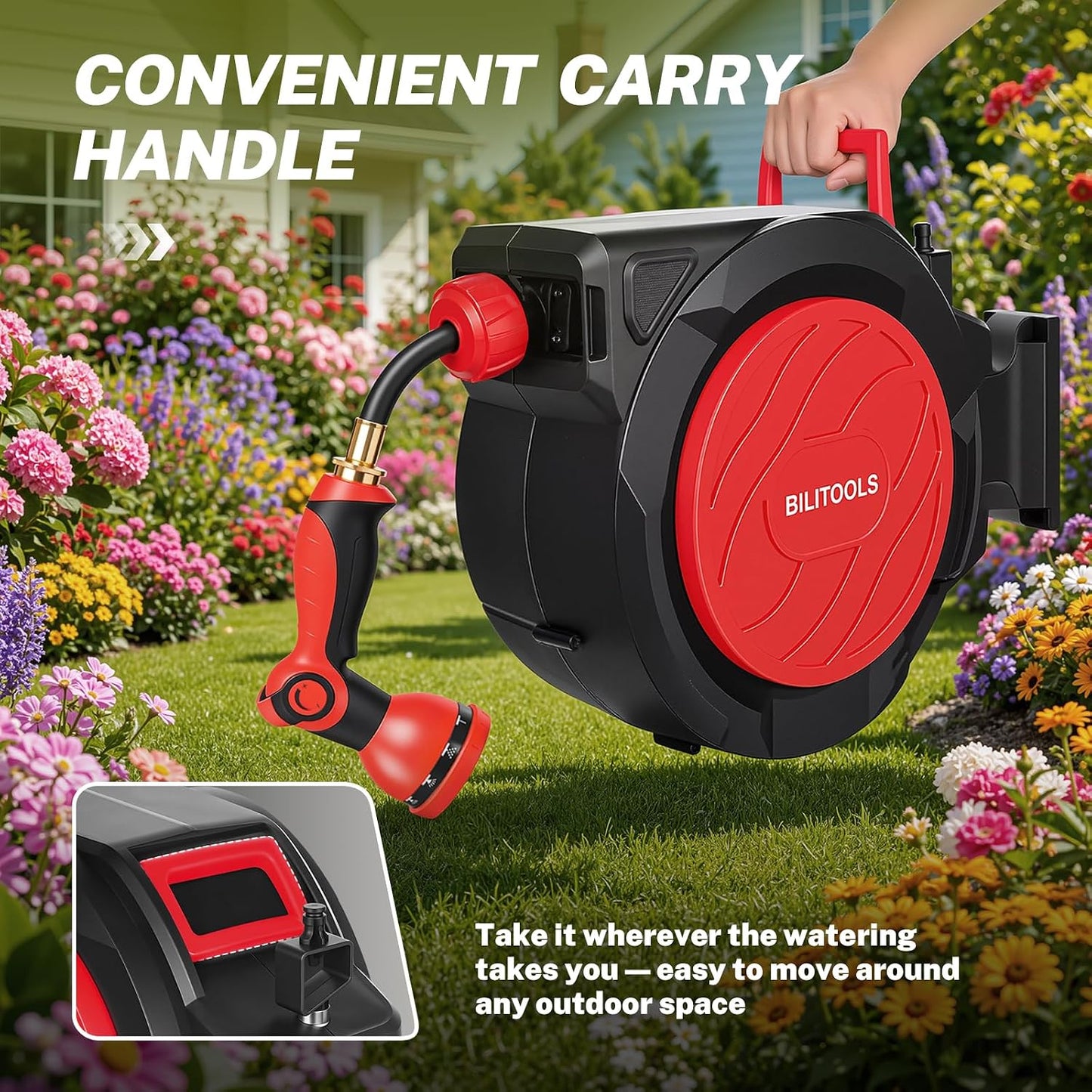 Retractable Garden Water Hose Reel, 1/2" x 50 ft Wall Mount