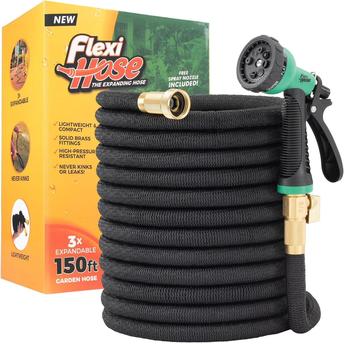 with 8 Function Nozzle, 100FT - Lightweight Expandable Garden Hose, No-Kink Flexibility, 3/4 Inch Solid Brass Fittings and Double Latex Core