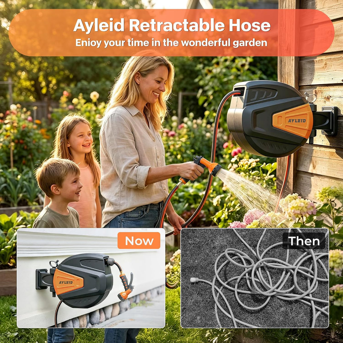 Retractable Rubber Hybrid Garden Hose Reel, 1/2"x130ft Wall Mount