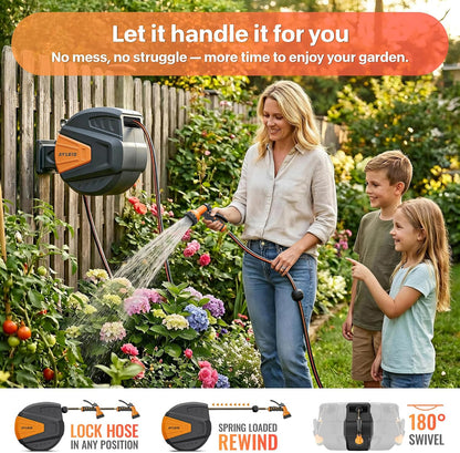 Retractable Rubber Hybrid Garden Hose Reel, 1/2"x130ft Wall Mount