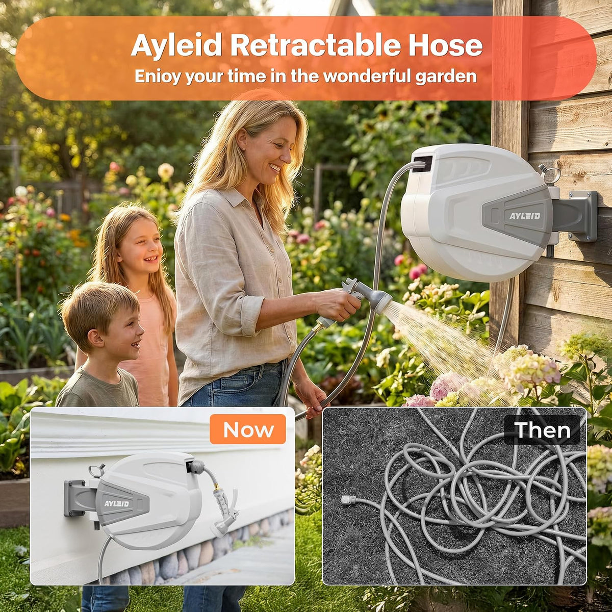 Retractable Rubber Hybrid Garden Hose Reel, 1/2"x130ft Wall Mount