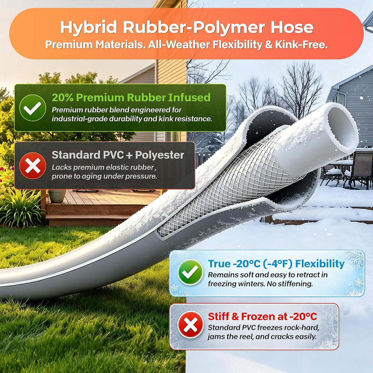 Retractable Rubber Hybrid Garden Hose Reel, 1/2"x130ft Wall Mount