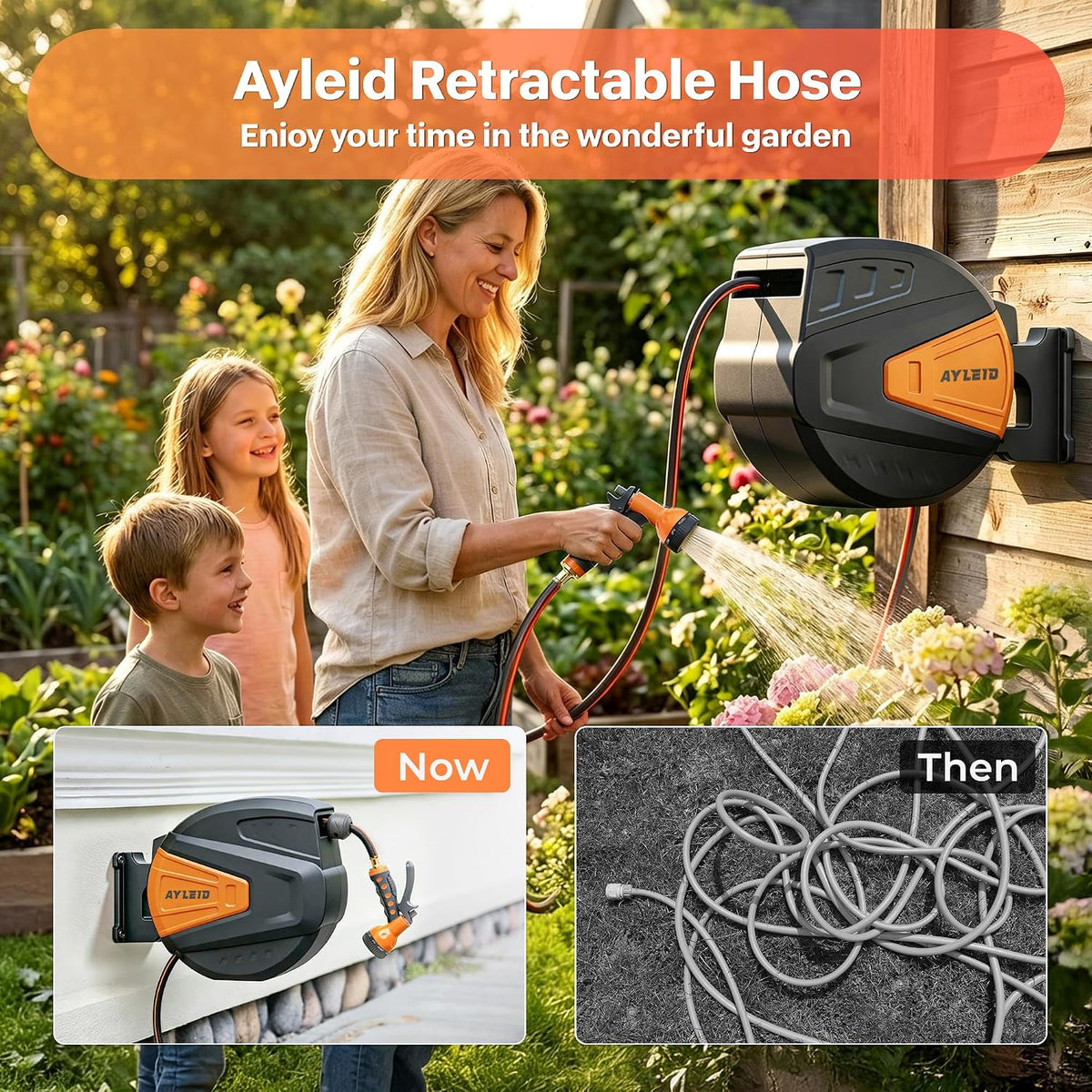 Retractable Rubber Hybrid Garden Hose Reel, 1/2"x130ft Wall Mount