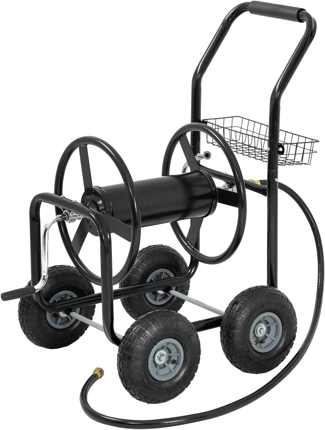 Garden Hose Reel Cart Outdoor Lawn 4-Wheel Heavy Duty Yard 300FT Water Truck With Storage Basket, Black