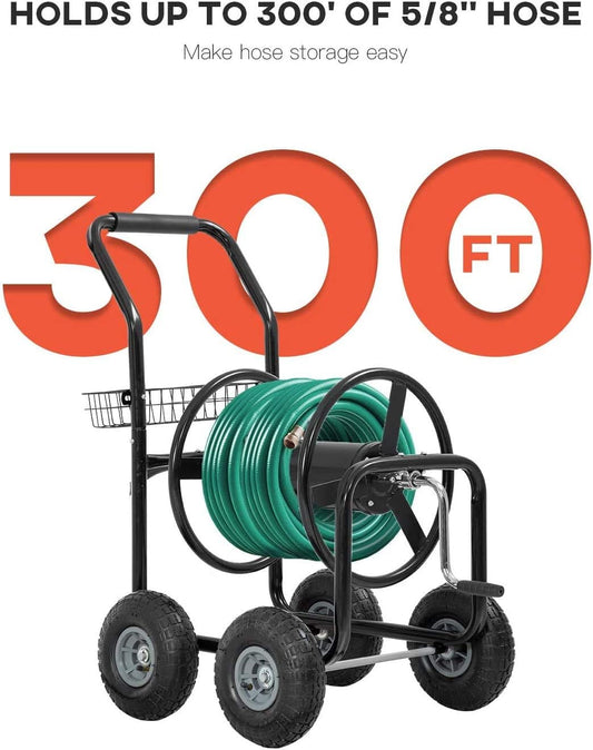 Garden Hose Reel Cart Outdoor Lawn 4-Wheel Heavy Duty Yard 300FT Water Truck With Storage Basket, Black