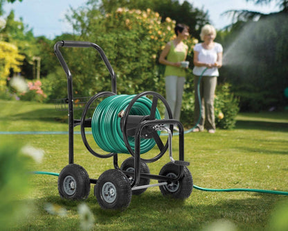 Garden Hose Reel Cart Outdoor Lawn 4-Wheel Heavy Duty Yard 300FT Water Truck With Storage Basket, Black