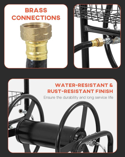 Garden Hose Reel Cart Outdoor Lawn 4-Wheel Heavy Duty Yard 300FT Water Truck With Storage Basket, Black