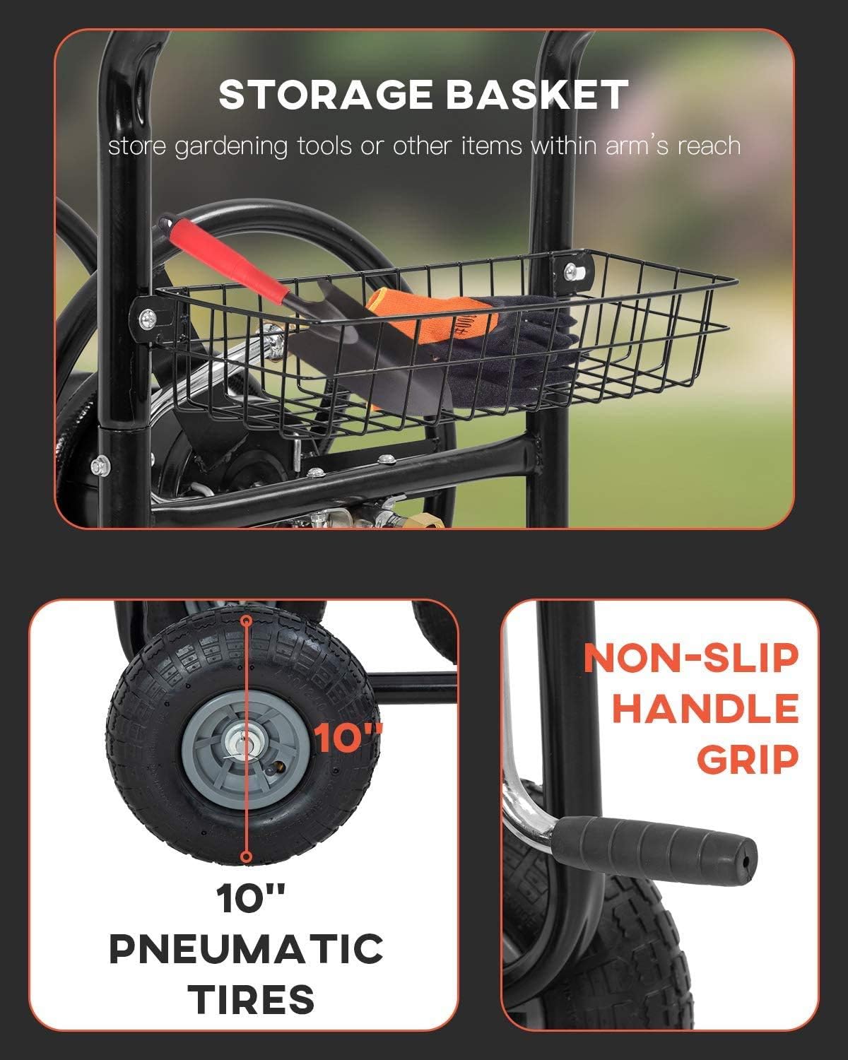 Garden Hose Reel Cart Outdoor Lawn 4-Wheel Heavy Duty Yard 300FT Water Truck With Storage Basket, Black