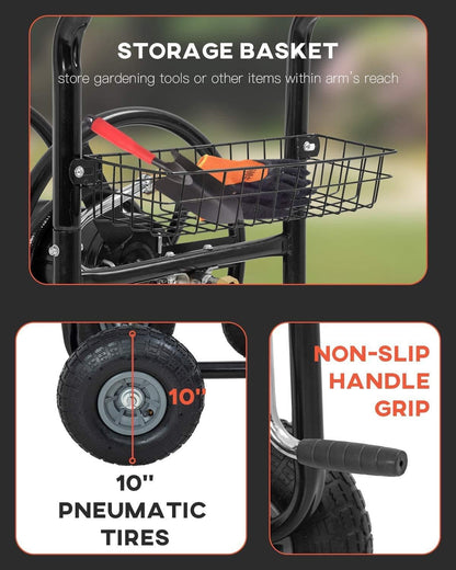 Garden Hose Reel Cart Outdoor Lawn 4-Wheel Heavy Duty Yard 300FT Water Truck With Storage Basket, Black