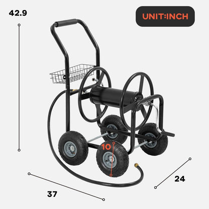 Garden Hose Reel Cart Outdoor Lawn 4-Wheel Heavy Duty Yard 300FT Water Truck With Storage Basket, Black