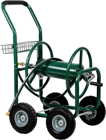 Garden Hose Reel Cart Outdoor Lawn 4-Wheel Heavy Duty Yard 300FT Water Truck With Storage Basket, Black