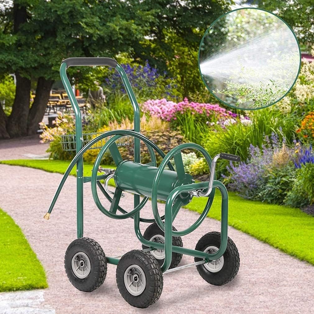 Garden Hose Reel Cart Outdoor Lawn 4-Wheel Heavy Duty Yard 300FT Water Truck With Storage Basket, Black