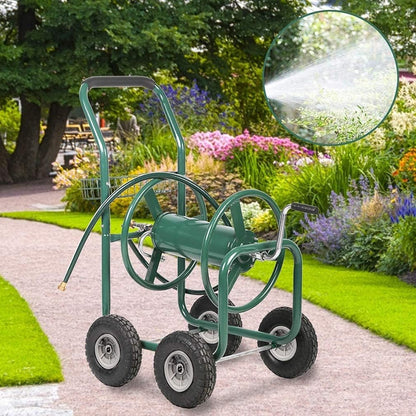 Garden Hose Reel Cart Outdoor Lawn 4-Wheel Heavy Duty Yard 300FT Water Truck With Storage Basket, Black