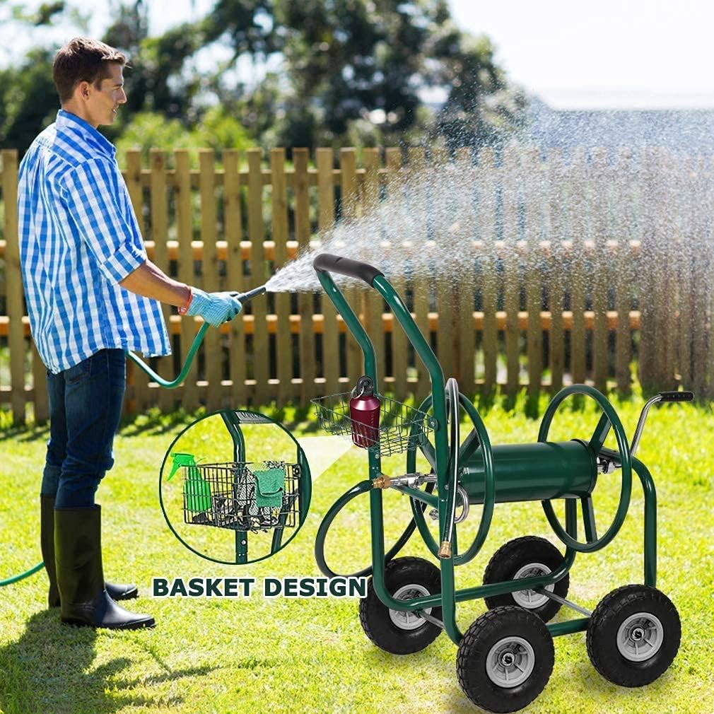 Garden Hose Reel Cart Outdoor Lawn 4-Wheel Heavy Duty Yard 300FT Water Truck With Storage Basket, Black
