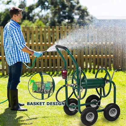Garden Hose Reel Cart Outdoor Lawn 4-Wheel Heavy Duty Yard 300FT Water Truck With Storage Basket, Black