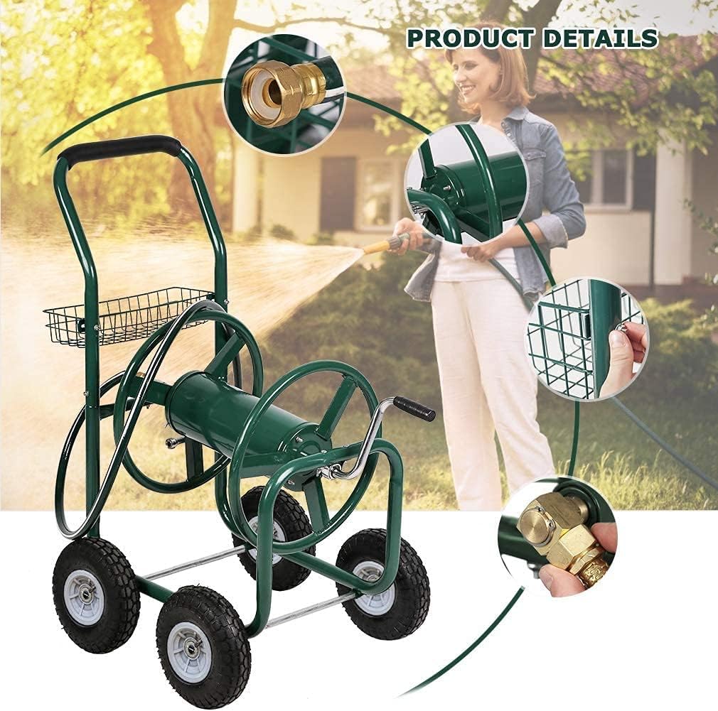 Garden Hose Reel Cart Outdoor Lawn 4-Wheel Heavy Duty Yard 300FT Water Truck With Storage Basket, Black